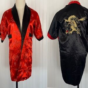 Black Dragon Kimono Robe Red Reversible Short Sleeve Asian Chinese Small